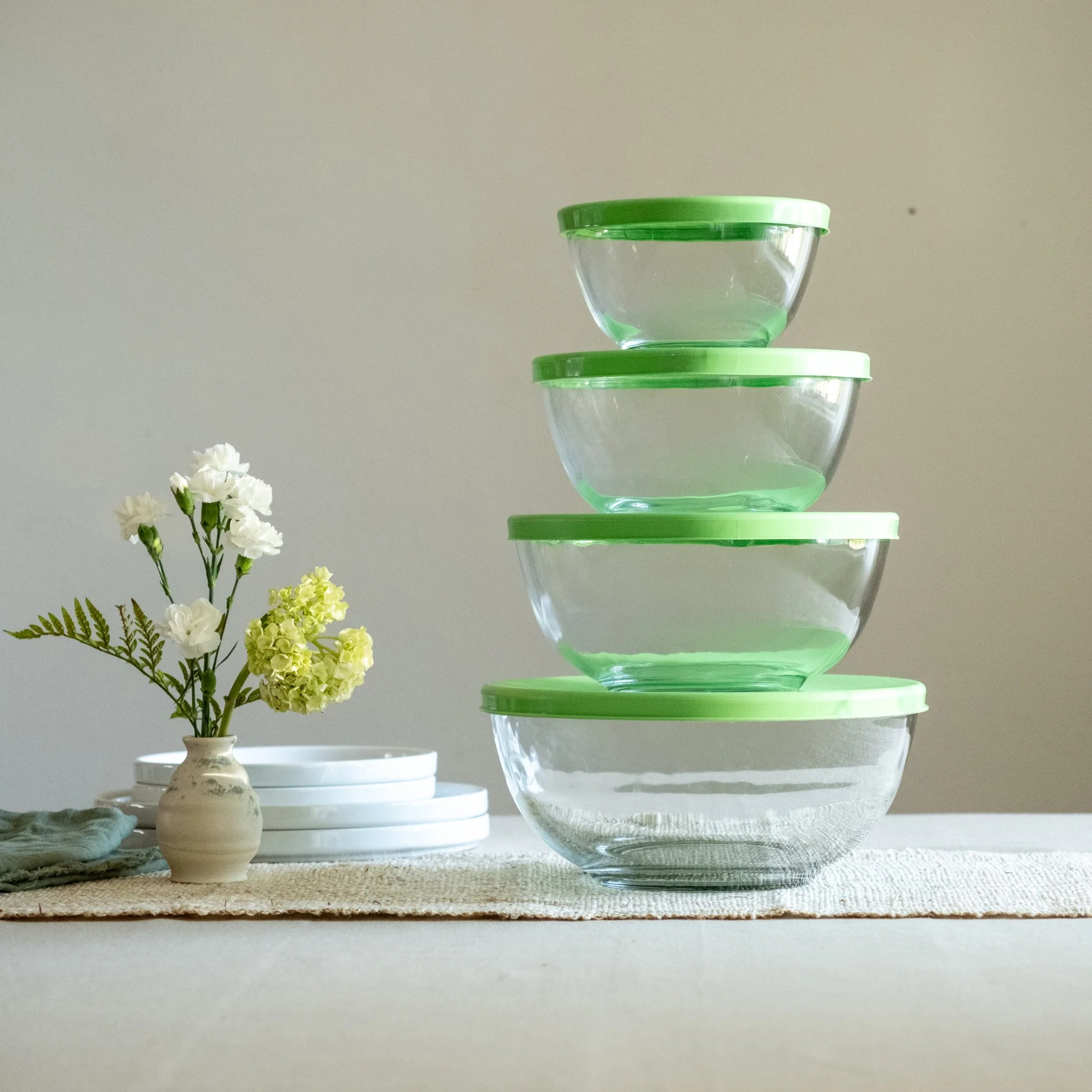 Libbey Baker's Basics 4 Piece Glass Mixing Bowl Set with Plastic Lids, Multi Size