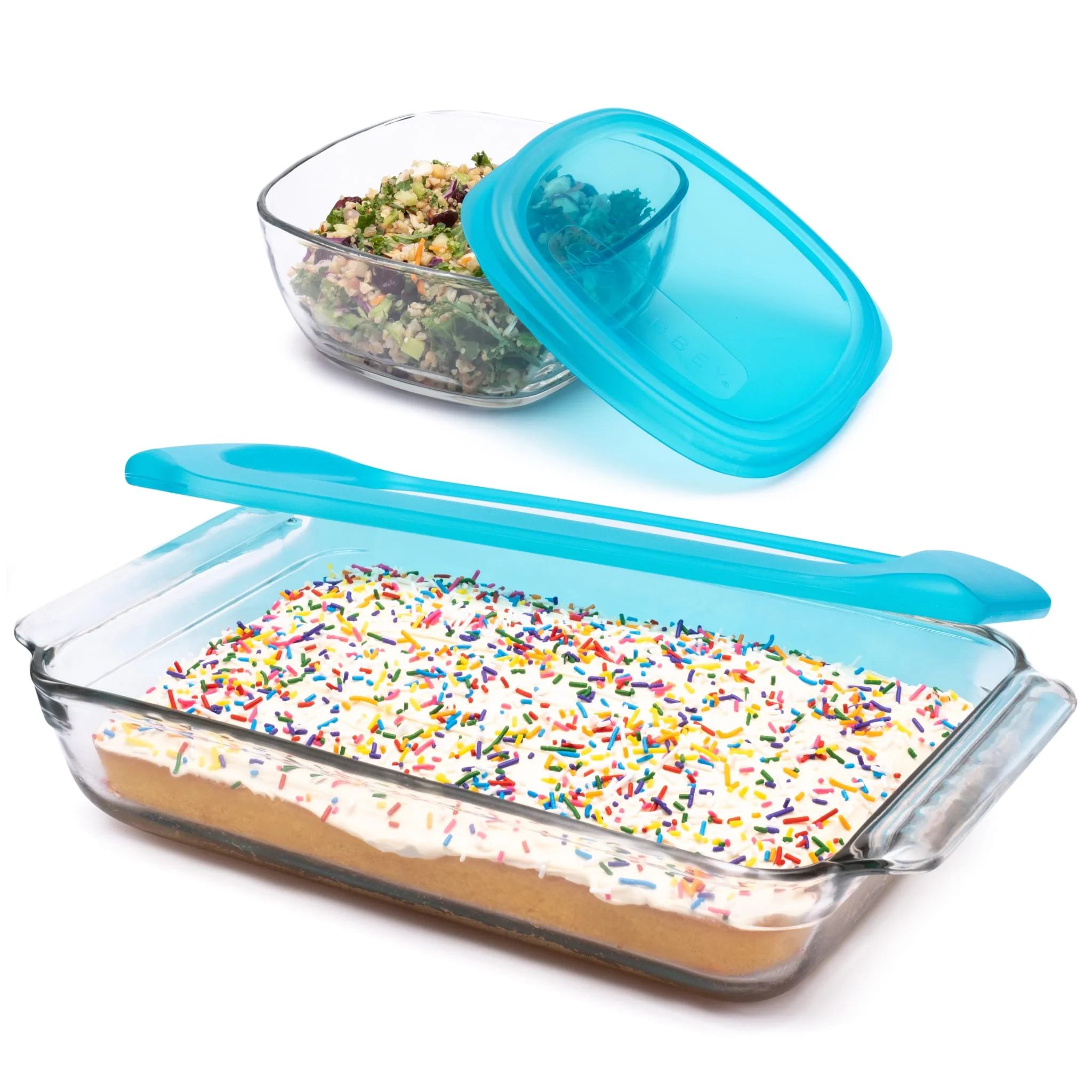 Libbey Baker’s Premium Bake & Store 4 Piece Glass Set with 9x13 Baking Dish and 6 Cup Storage Container with Blue Plastic Lids