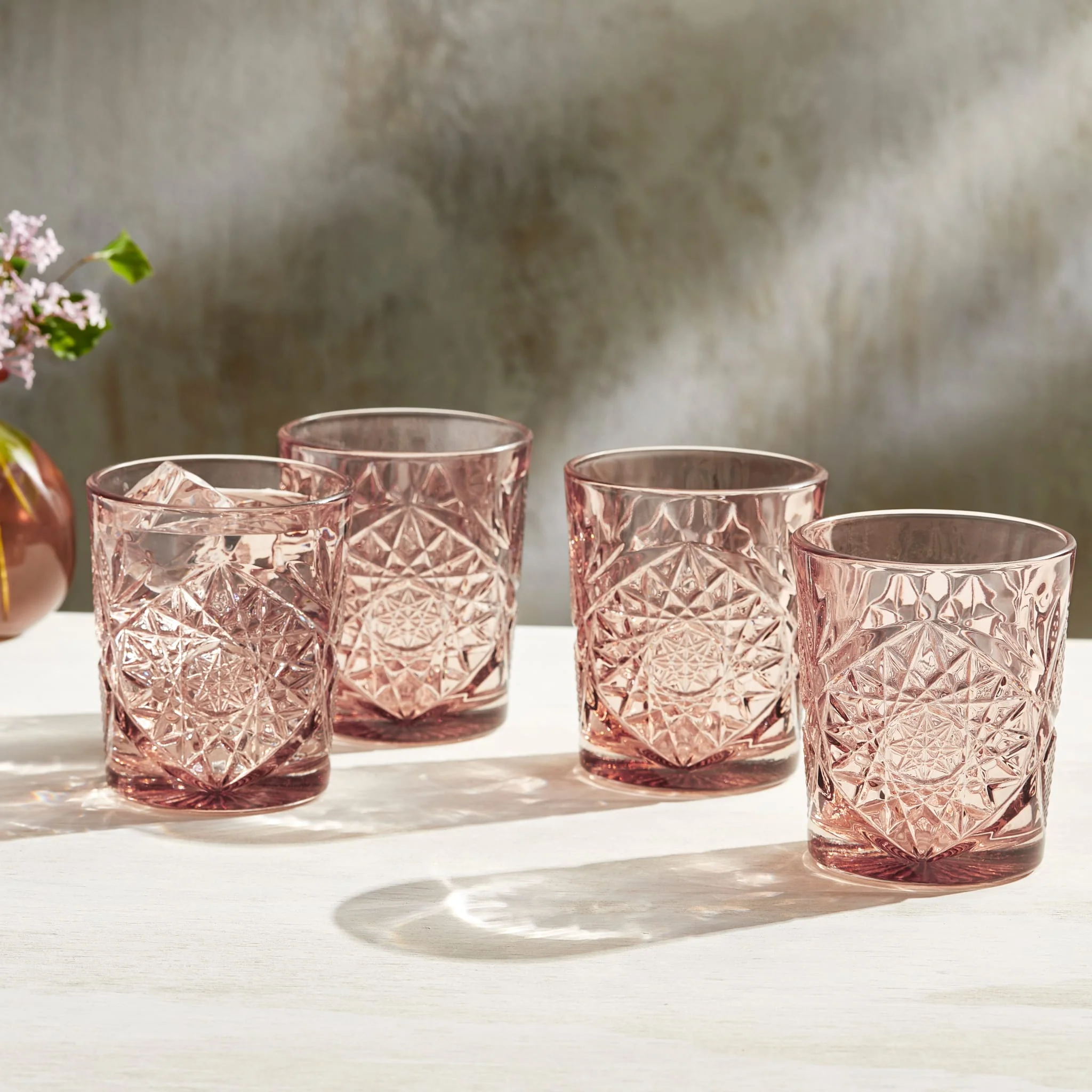 Libbey Hobstar Double Old Fashioned Glasses, 12 ounce, Rose, Set of 4