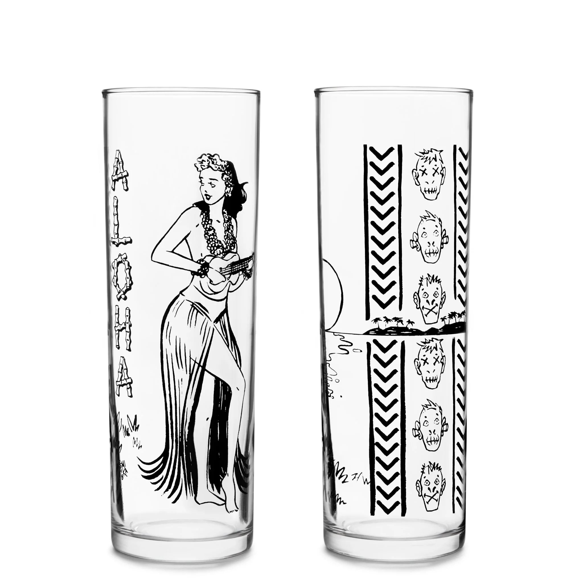 Libbey Tiki Kahiko Zombie 杯，黑色夏威夷草裙舞女郎与 Tiki 面具图案，13.5 oz，4 只装