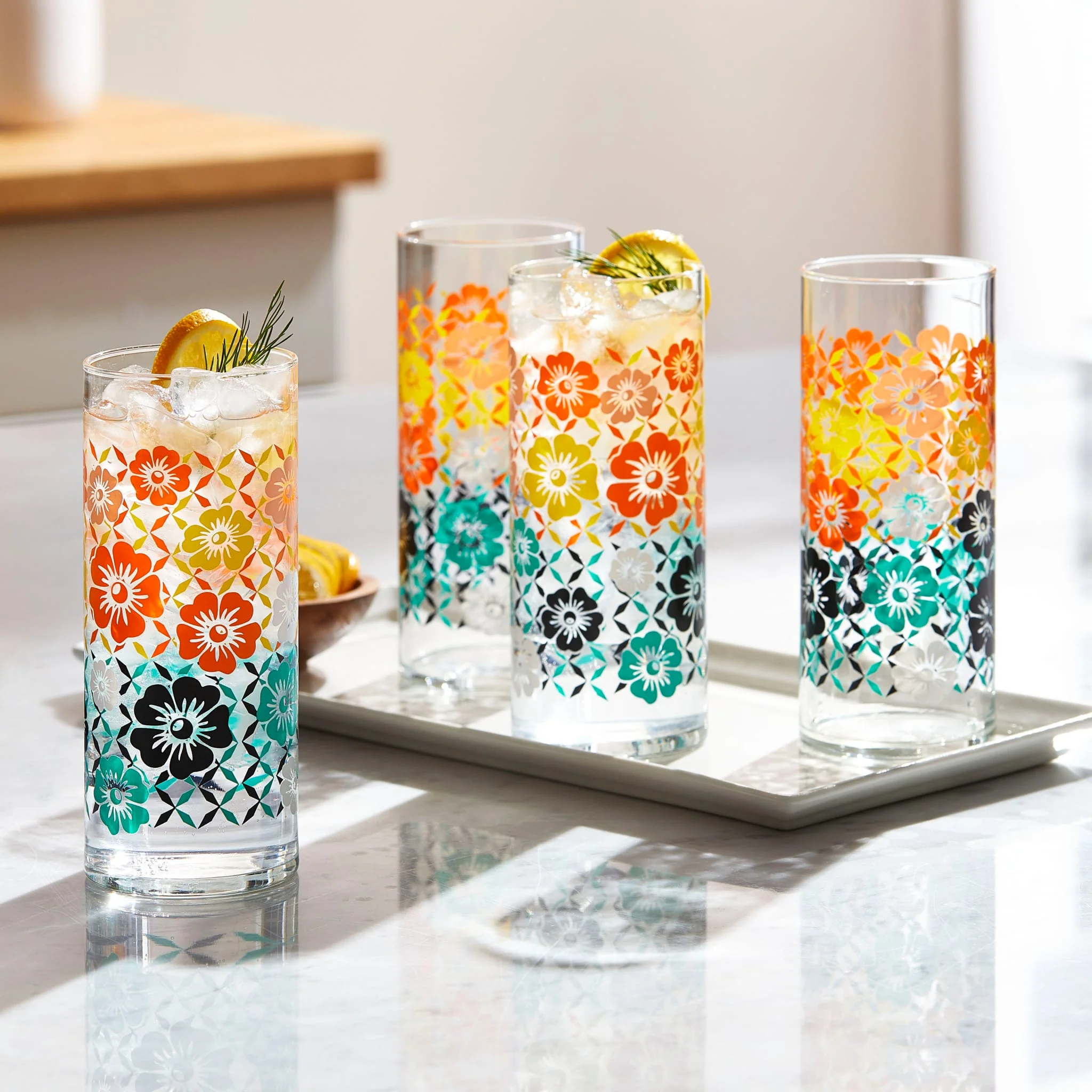 Libbey Vintage Flower Power 冷饮杯，16盎司，4只装