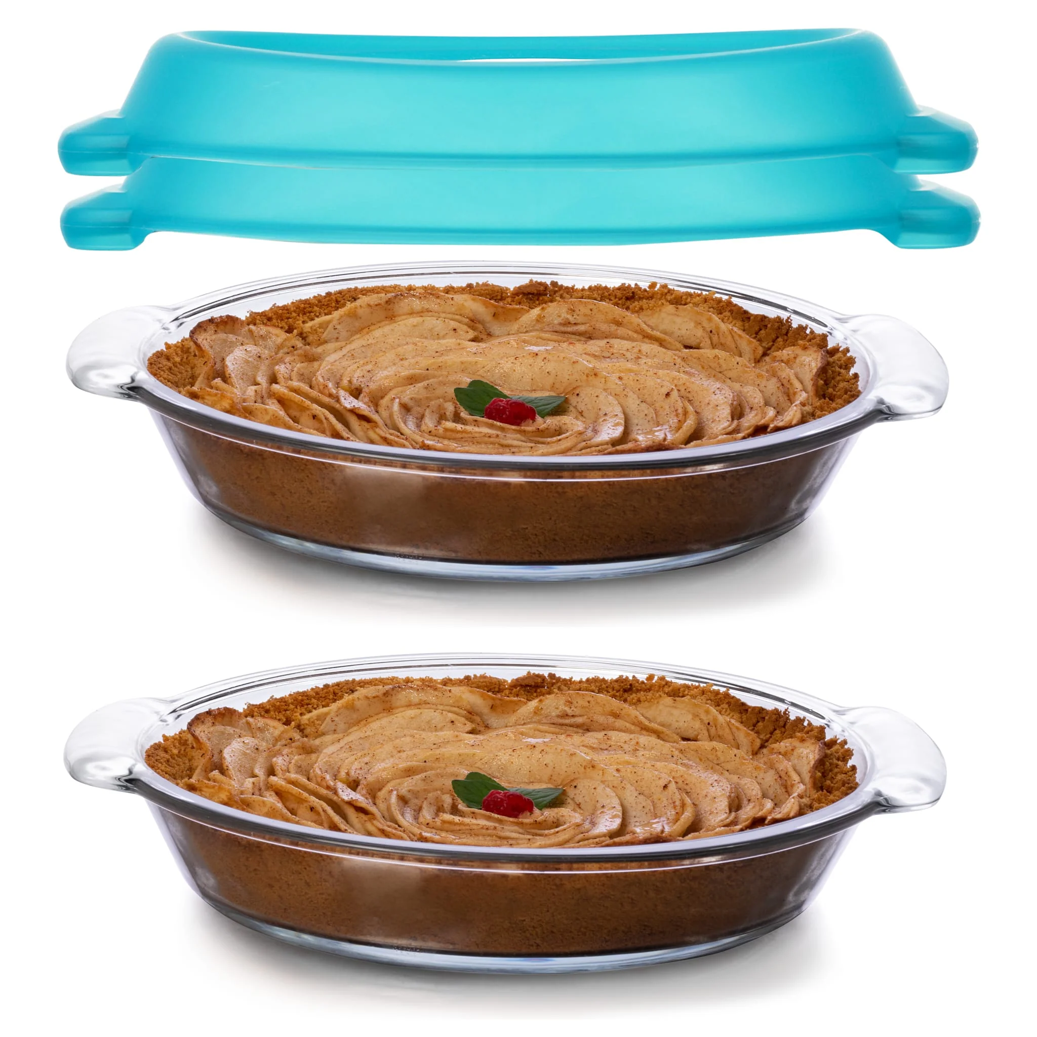 Libbey Baker’s Premium Stackable Glass Pie Dish Set of 2 with Lids, 9 Inch Round Baking Dishes with GreatGrip Handles