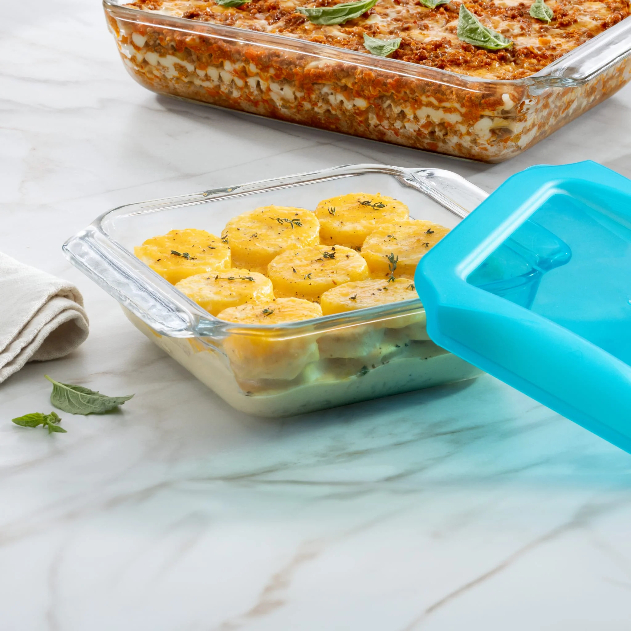 Libbey Baker’s Premium 8x8 Inch Glass Baking Dish Set of 2 with Lids, Stackable Bakeware with GreatGrip Handles, Durable Covered Square Dishes