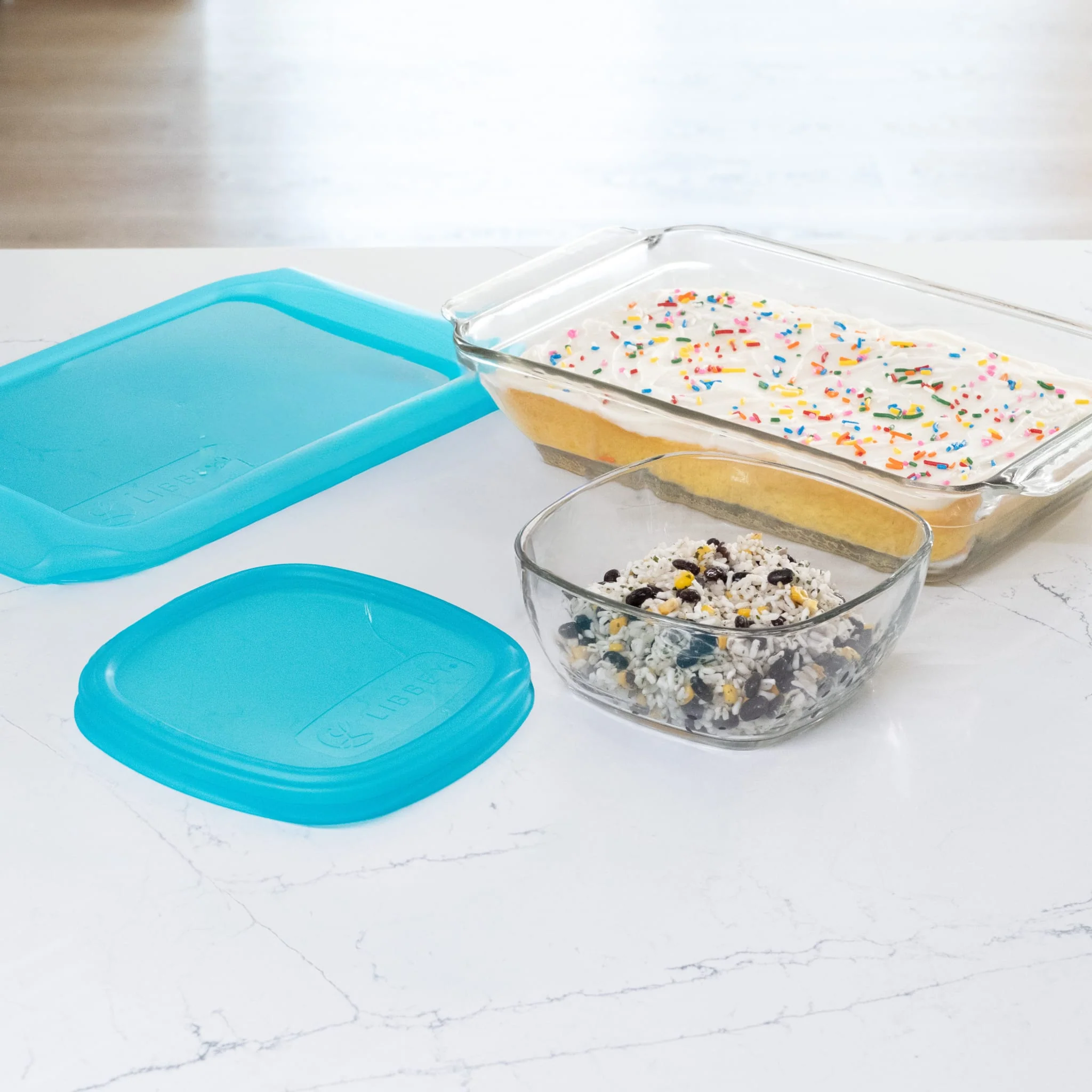 Libbey Baker’s Premium Bake & Store 4 Piece Glass Set with 9x13 Baking Dish and 6 Cup Storage Container with Blue Plastic Lids