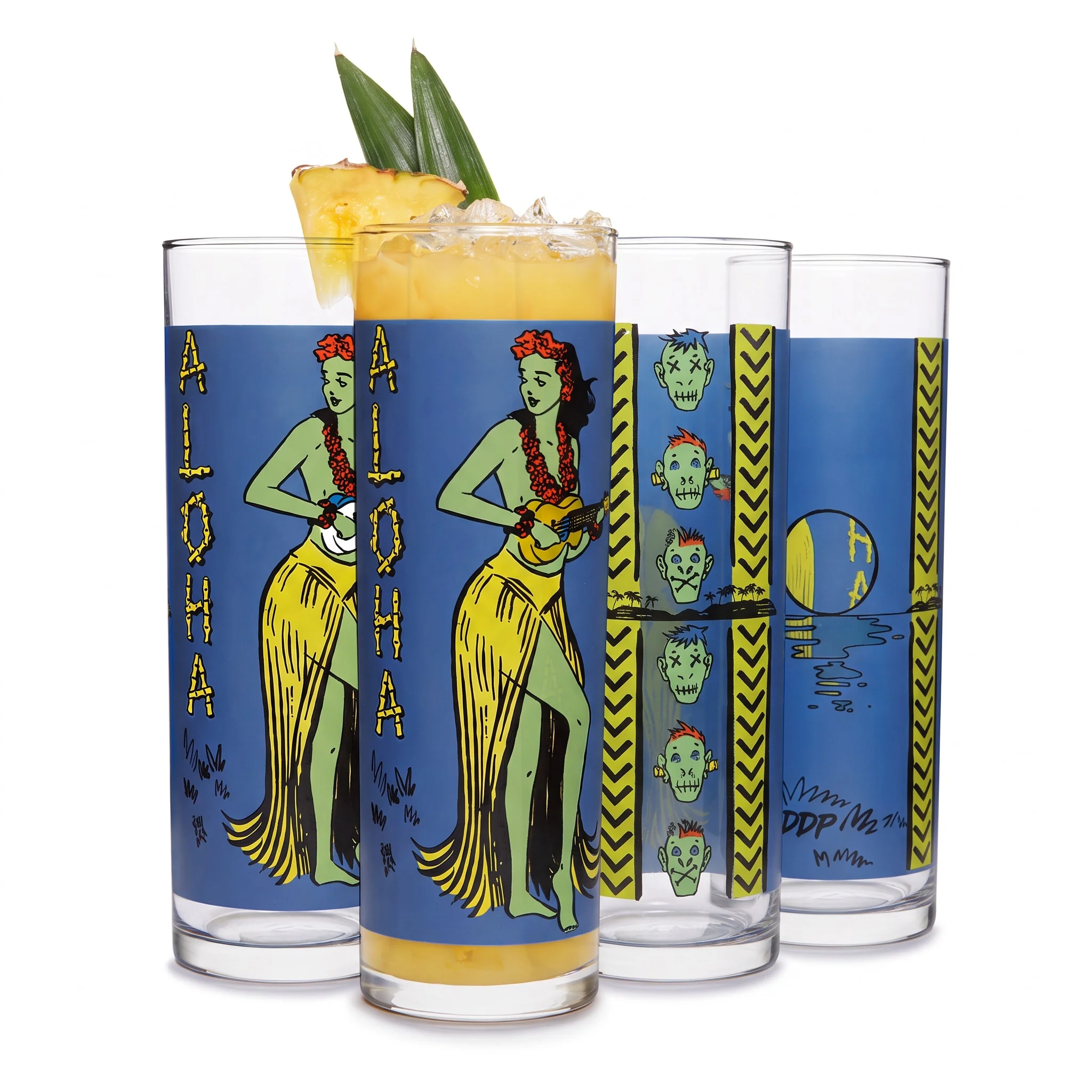 Libbey Tiki Kahiko Zombie 杯，蓝色夏威夷草裙舞女郎与 Tiki 面具图案，13.5 oz，4 只装