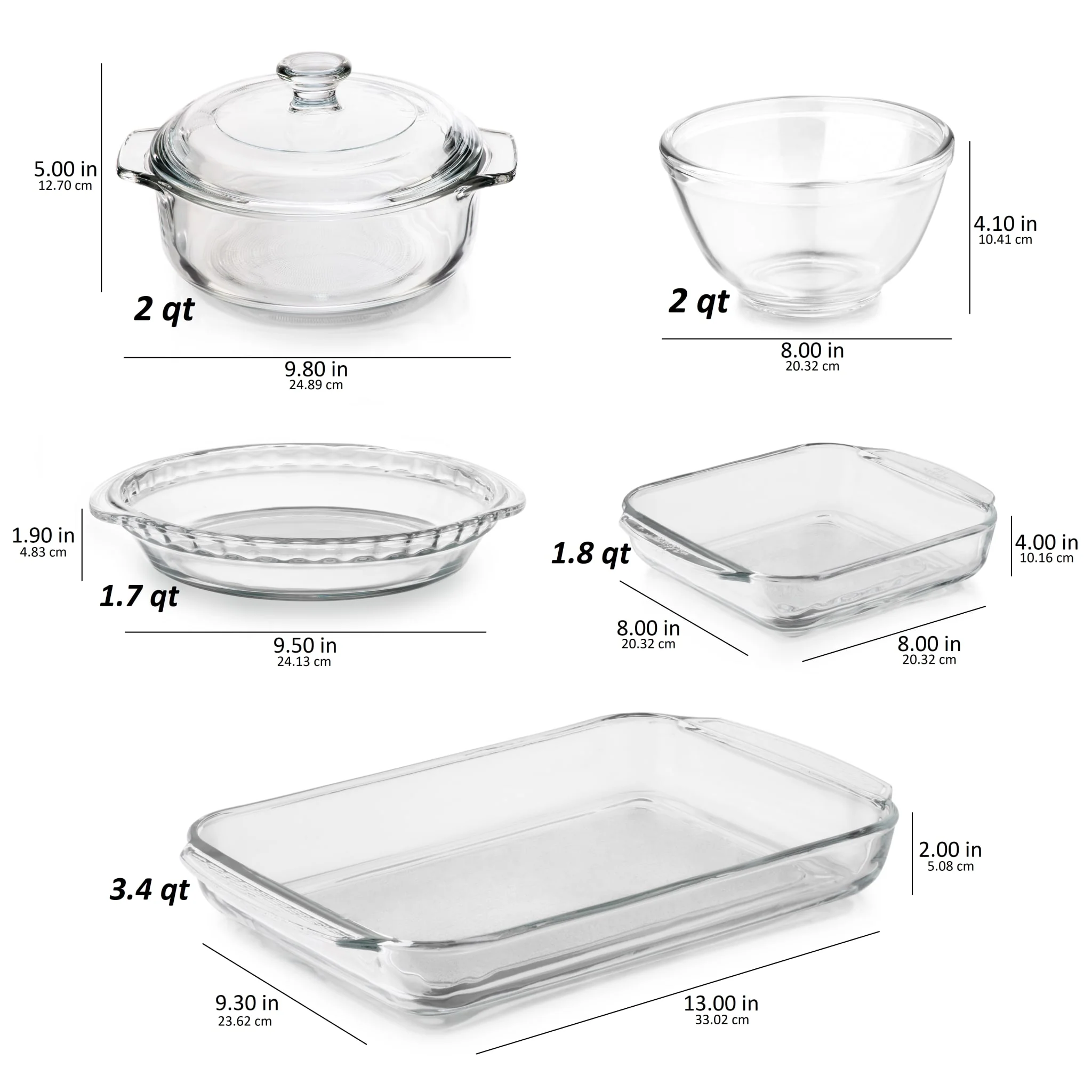 Libbey Baker's Basics 5 Piece Glass Casserole Baking Dish Set with 1 Cover