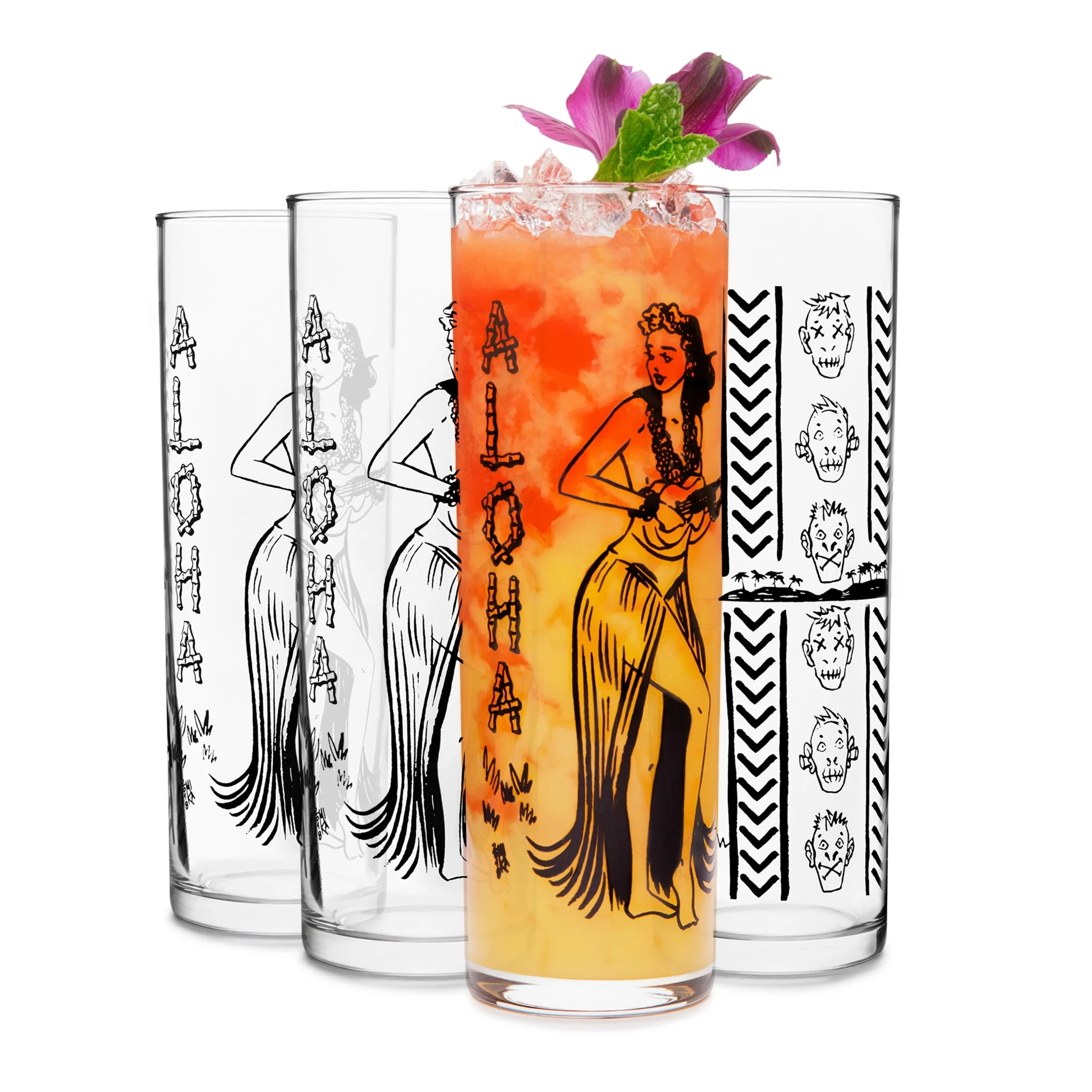 Libbey Tiki Kahiko Zombie 杯，黑色夏威夷草裙舞女郎与 Tiki 面具图案，13.5 oz，4 只装